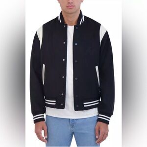 HUDSON Men's Varsity Jacket with Faux Leather Trim Black and White Size Medium